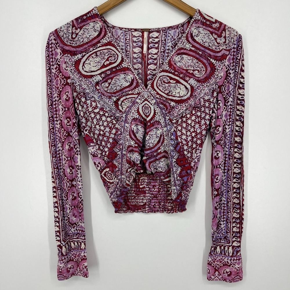 Free People Blouse Women's Size S Purple Long Sleeve V Neck Paisley Wild & Free